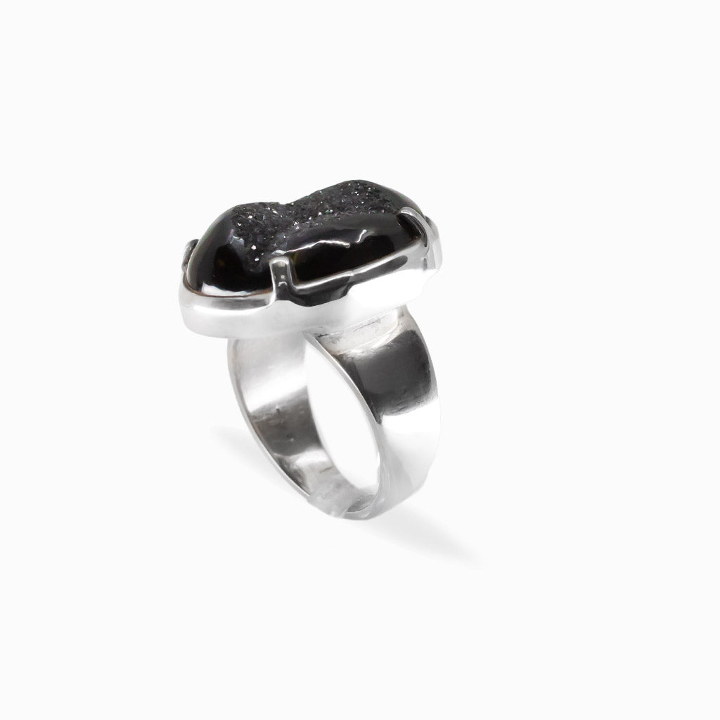 Black Onyx druzy statement ring in polished 925 sterling silver, featuring a sparkling crystal center and grounding, protective energy.
