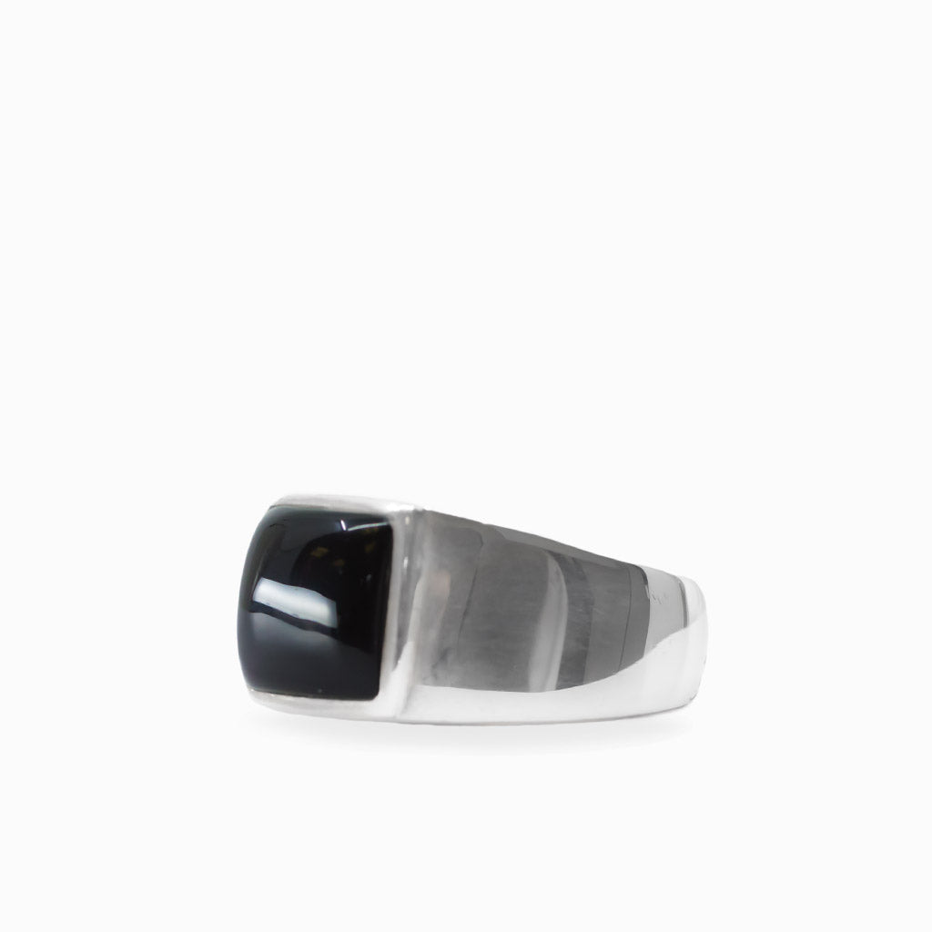 Square polished Black Onyx cabochon set in a substantial 925 sterling silver ring.