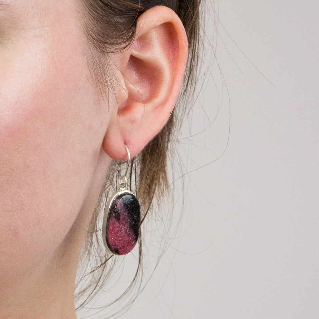 Rhodonite drop earrings on model