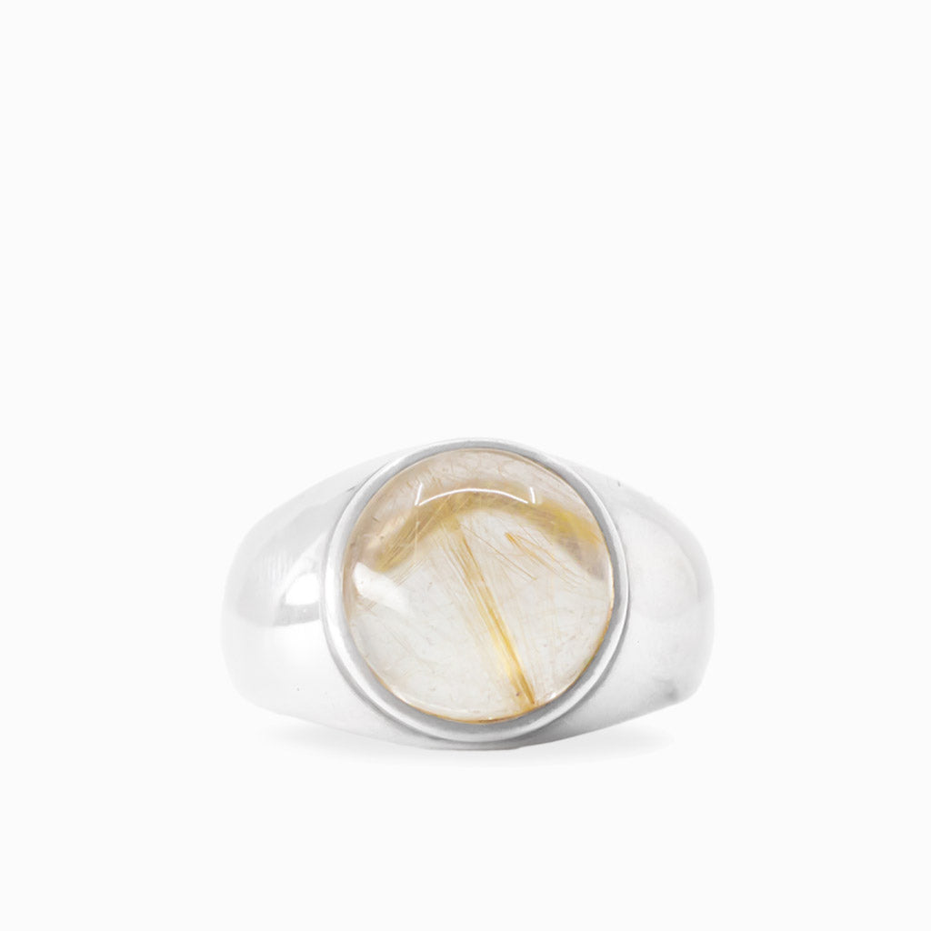 Round Golden Rutilated Quartz cabochon with fine golden needles set in polished 925 sterling silver.