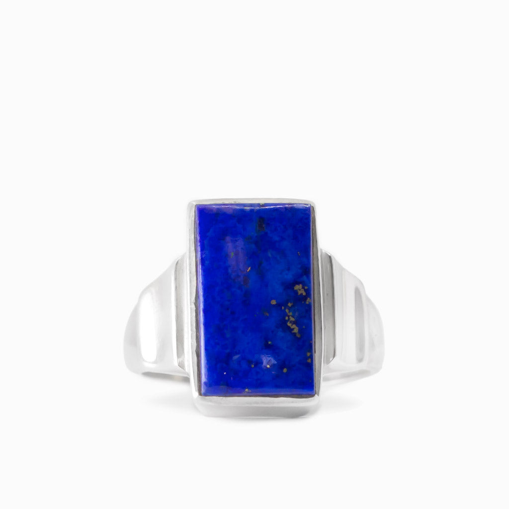 Rectangular royal blue Lapis Lazuli with natural gold-tone flecks set in a polished 925 sterling silver ring.