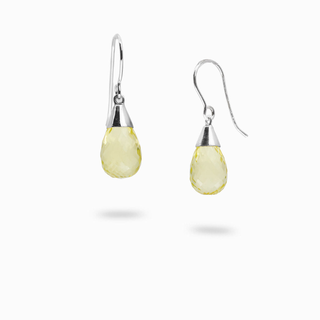  Faceted lemon quartz briolette drop earrings with sterling silver caps and French hooks.