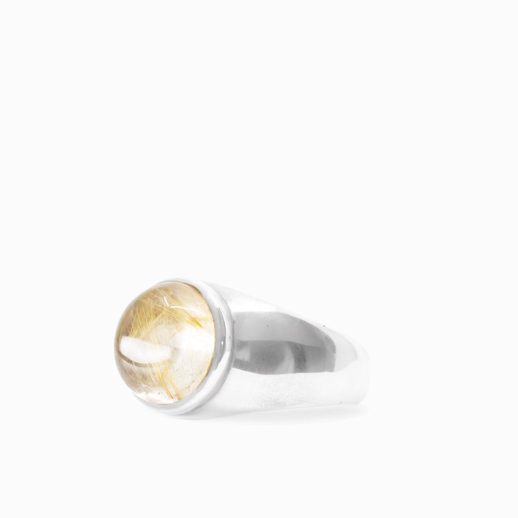 Round Golden Rutilated Quartz cabochon with fine golden needles set in polished 925 sterling silver.