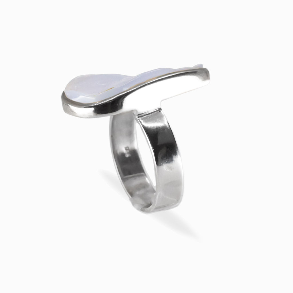 Elongated freeform blue-lavender Botryoidal Chalcedony ring in a polished 925 sterling silver bezel setting.
