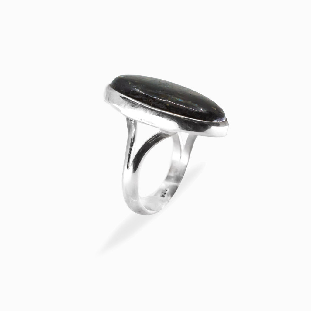 Elongated oval Nuummite cabochon ring with dark tones and subtle golden flashes in polished 925 sterling silver.
