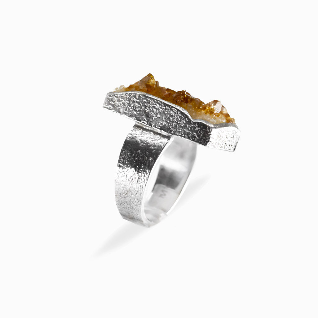 Rectangular golden Citrine druzy ring with natural crystal clusters set in polished 925 sterling silver.