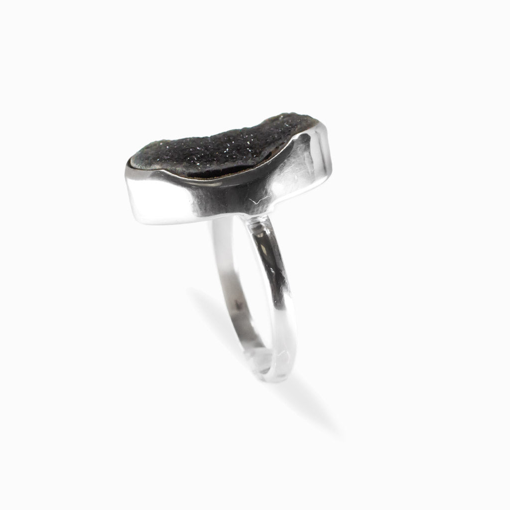 Large oval Black Onyx druzy ring with sparkling crystalline surface in polished 925 sterling silver.