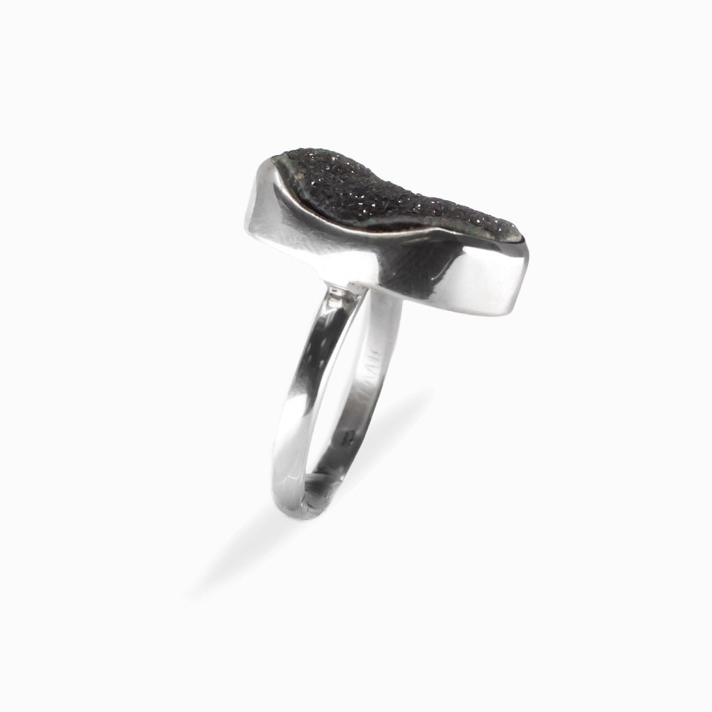 Large oval Black Onyx druzy ring with sparkling crystalline surface in polished 925 sterling silver.