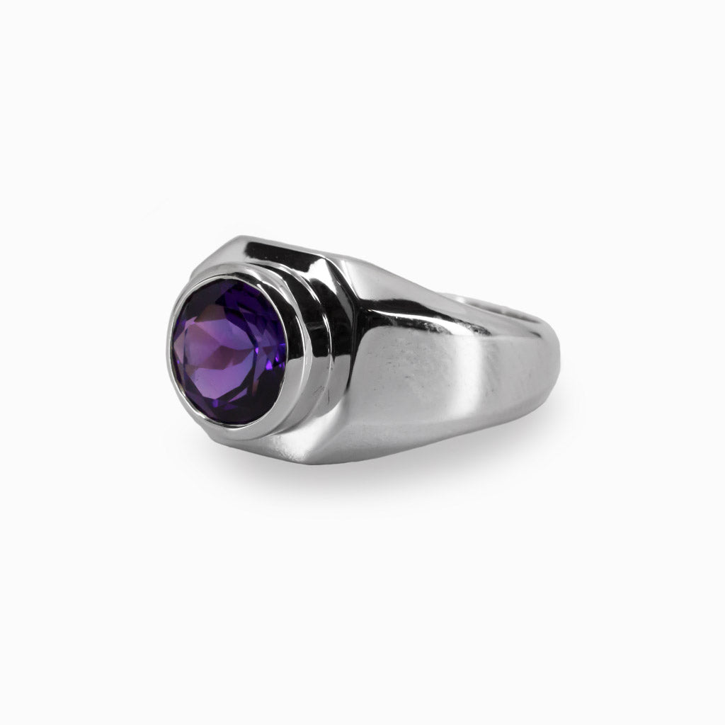 Round Faceted Amethyst Ring in Sterling Silver Made In Earth