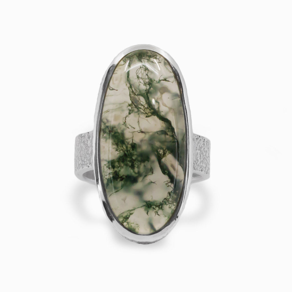 Forest Green Moss Agate Cabochon Ring In Sterling Silver