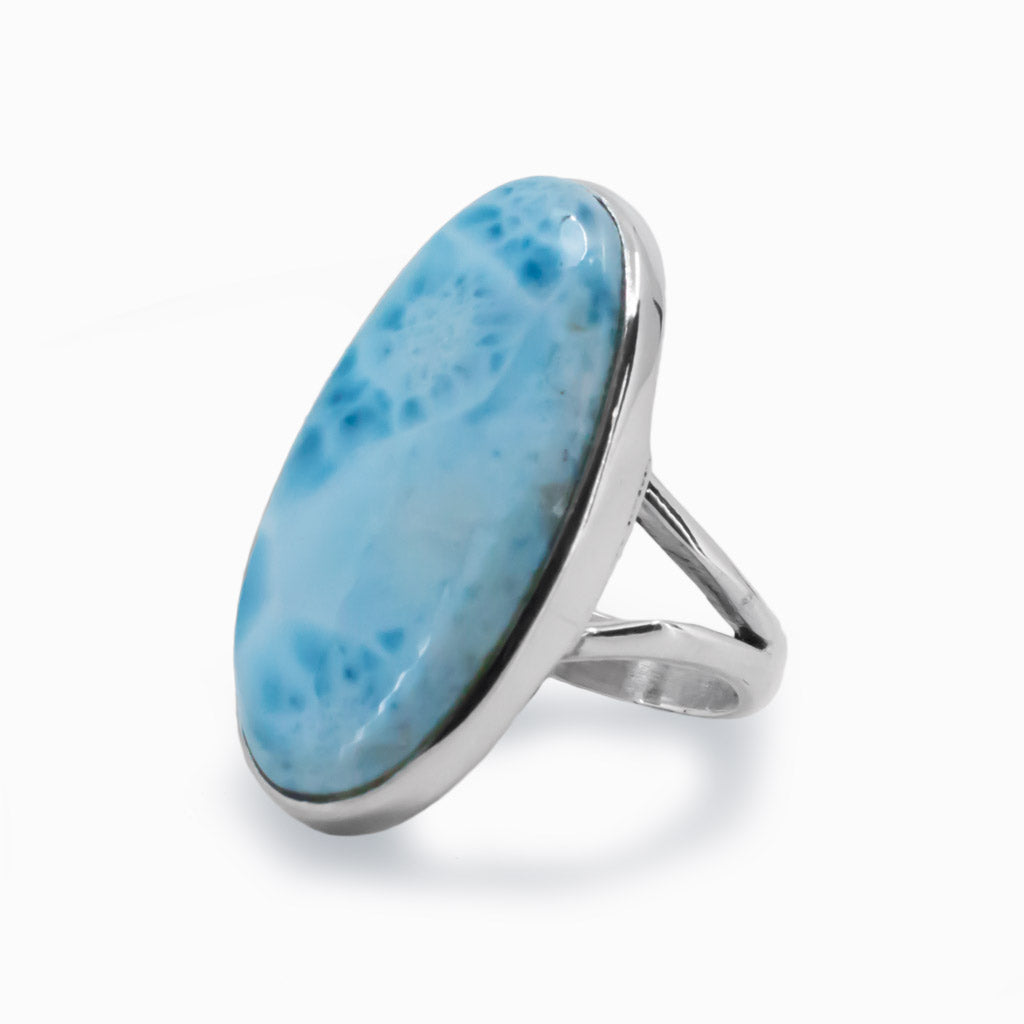 Sea Blue Larimar Cabochon Oval Ring With Split Band Made In Earth