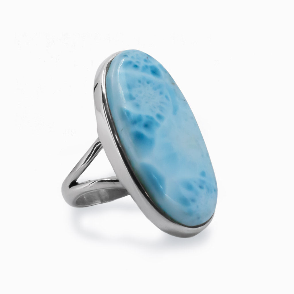 Sea Blue Larimar Cabochon Oval Ring With Split Band Made In Earth
