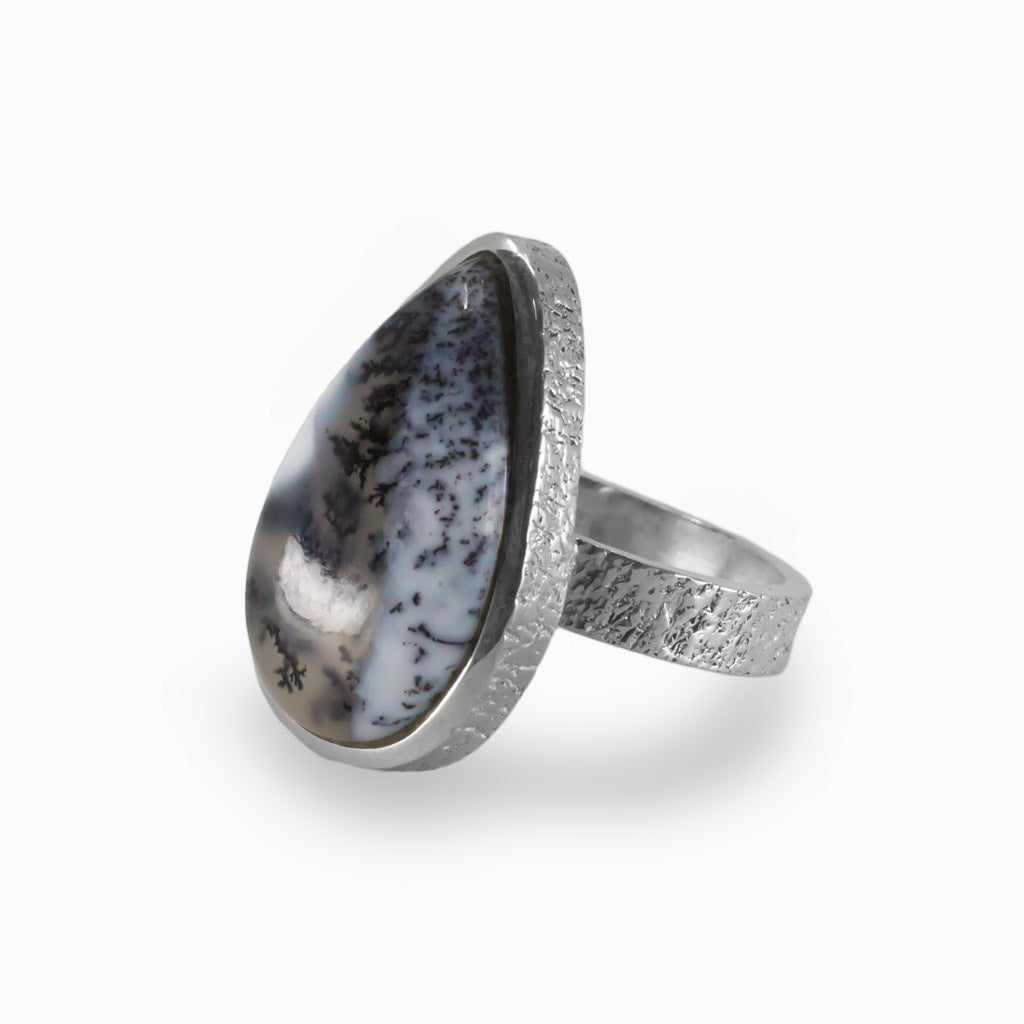 Teardrop Cabochon Dendritic Opal Ring In Textured Sterling Silver Made In Earth