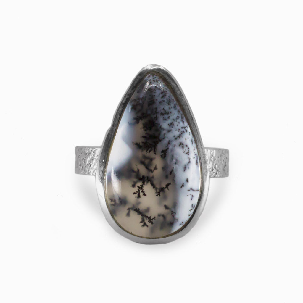 Teardrop Cabochon Dendritic Opal Ring In Textured Sterling Silver Made In Earth
