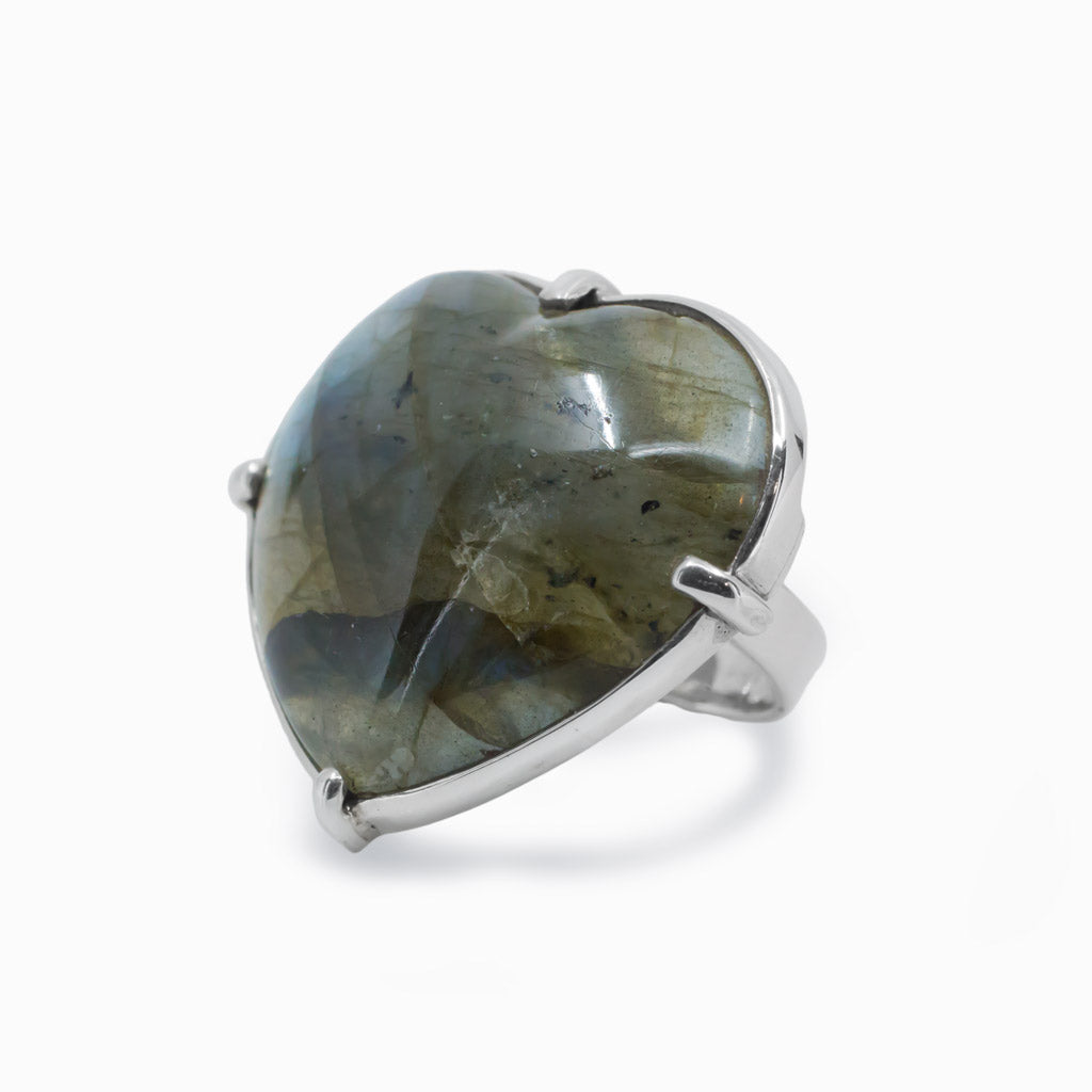 Labradorite Cabochon Heart Ring in sterling silver made in earth