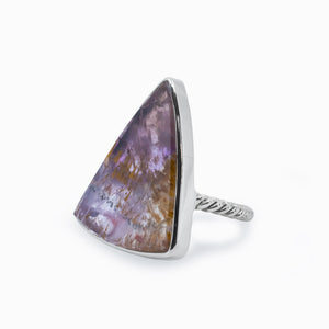 Model Wearing Purple Cacoxenite Triangle Ring in 925 Sterling Silver Rope Band