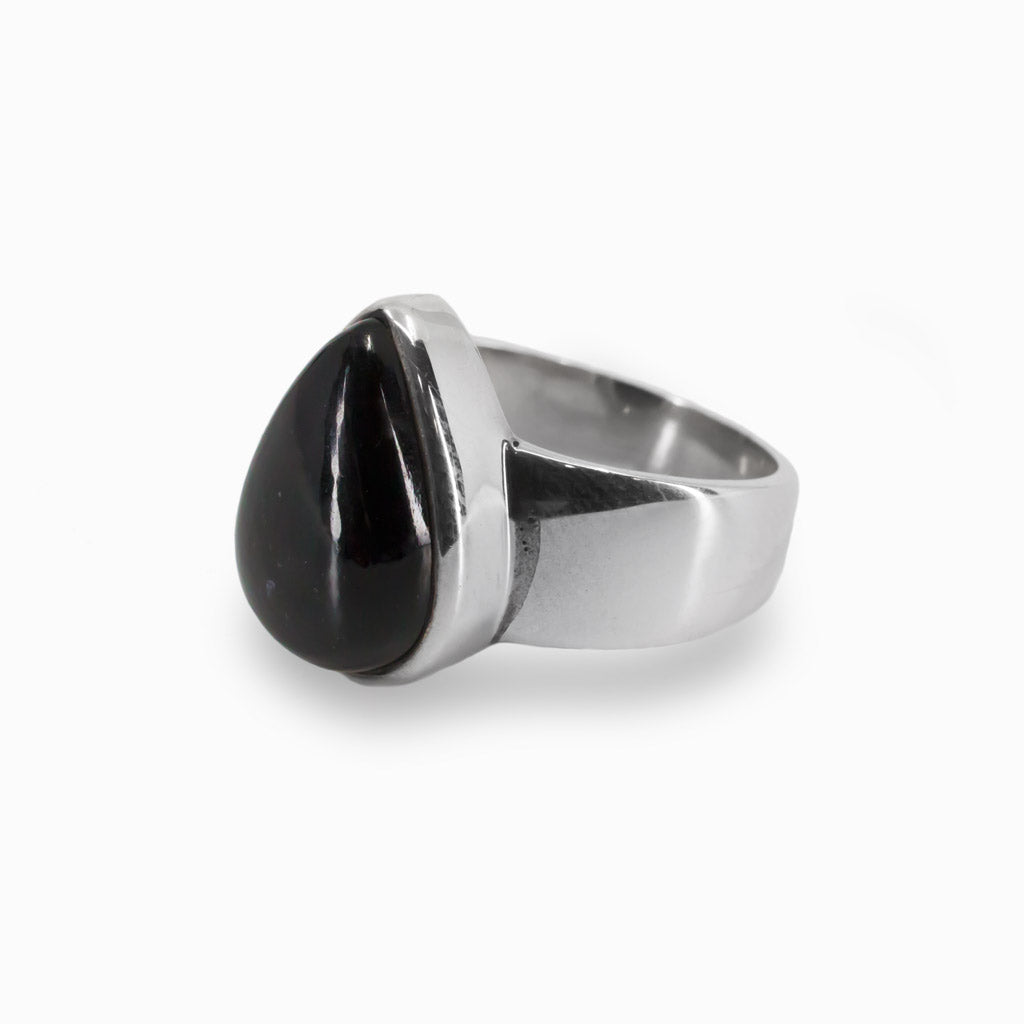 Teardrop Cabochon Polished Black Tourmaline Ring in 925 Silver Made In Earth
