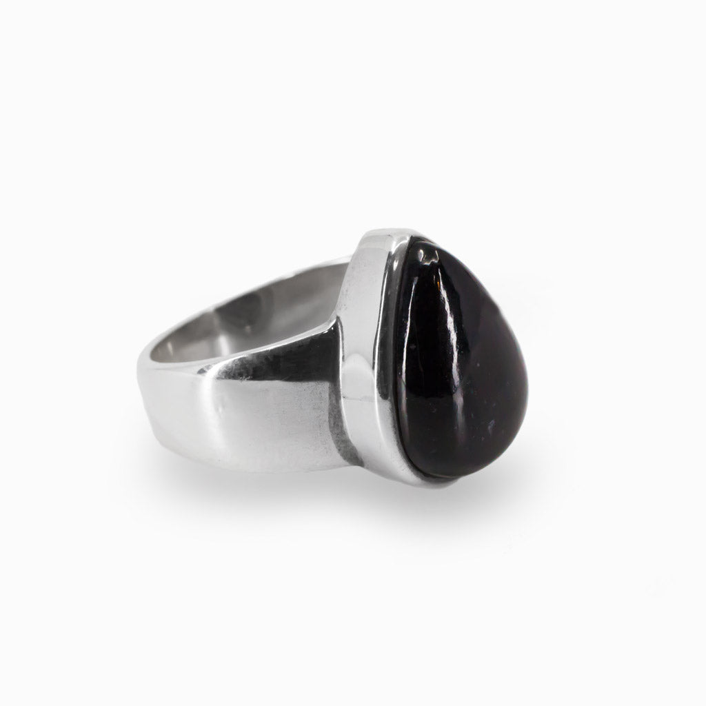 Teardrop Cabochon Polished Black Tourmaline Ring in 925 Silver Made In Earth