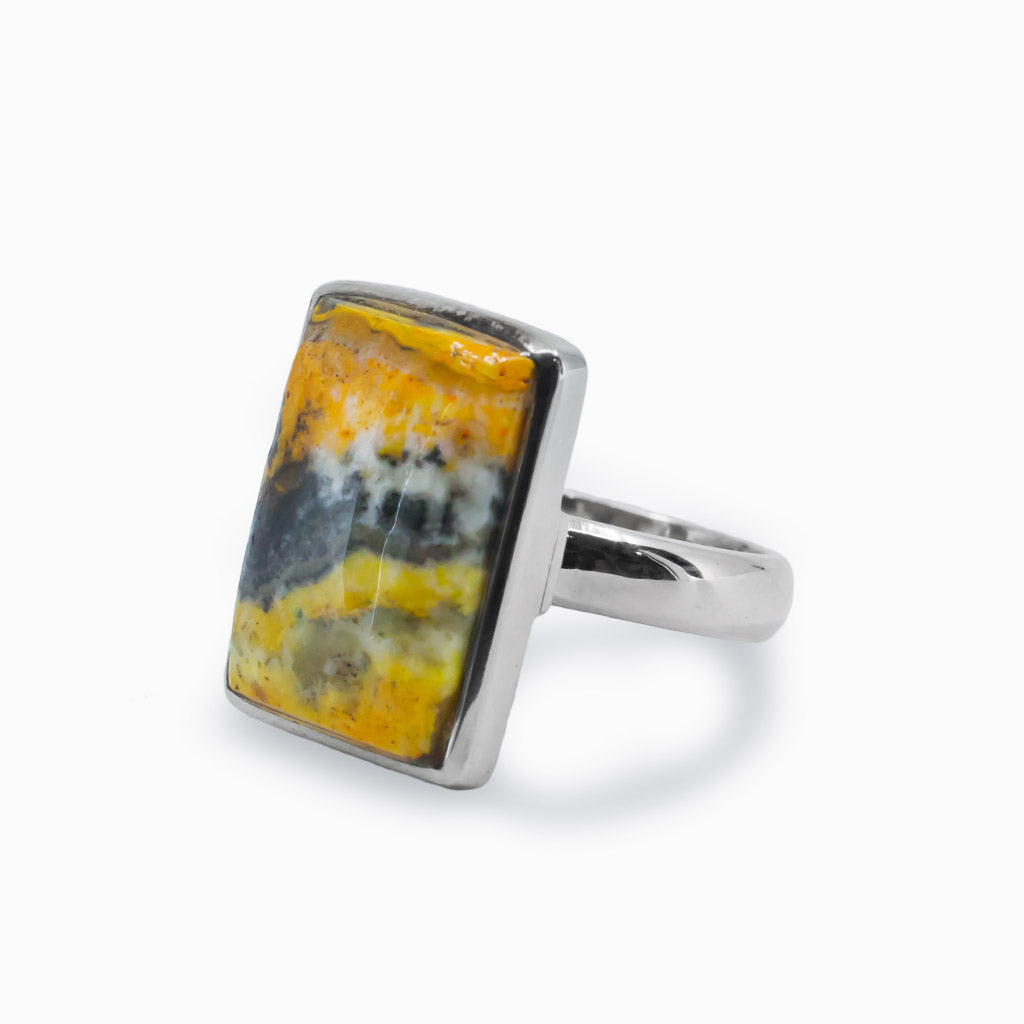 Yellow and Black Bumble Bee Jasper Rectangular Ring Made In Earth