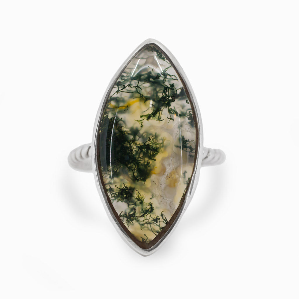 Cabochon Marquis Moss Agate Sterling Silver Rope Band Ring