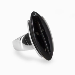 Dark Black Tourmaline Cabochon Marquis Ring in Sterling Silver Made In Earth