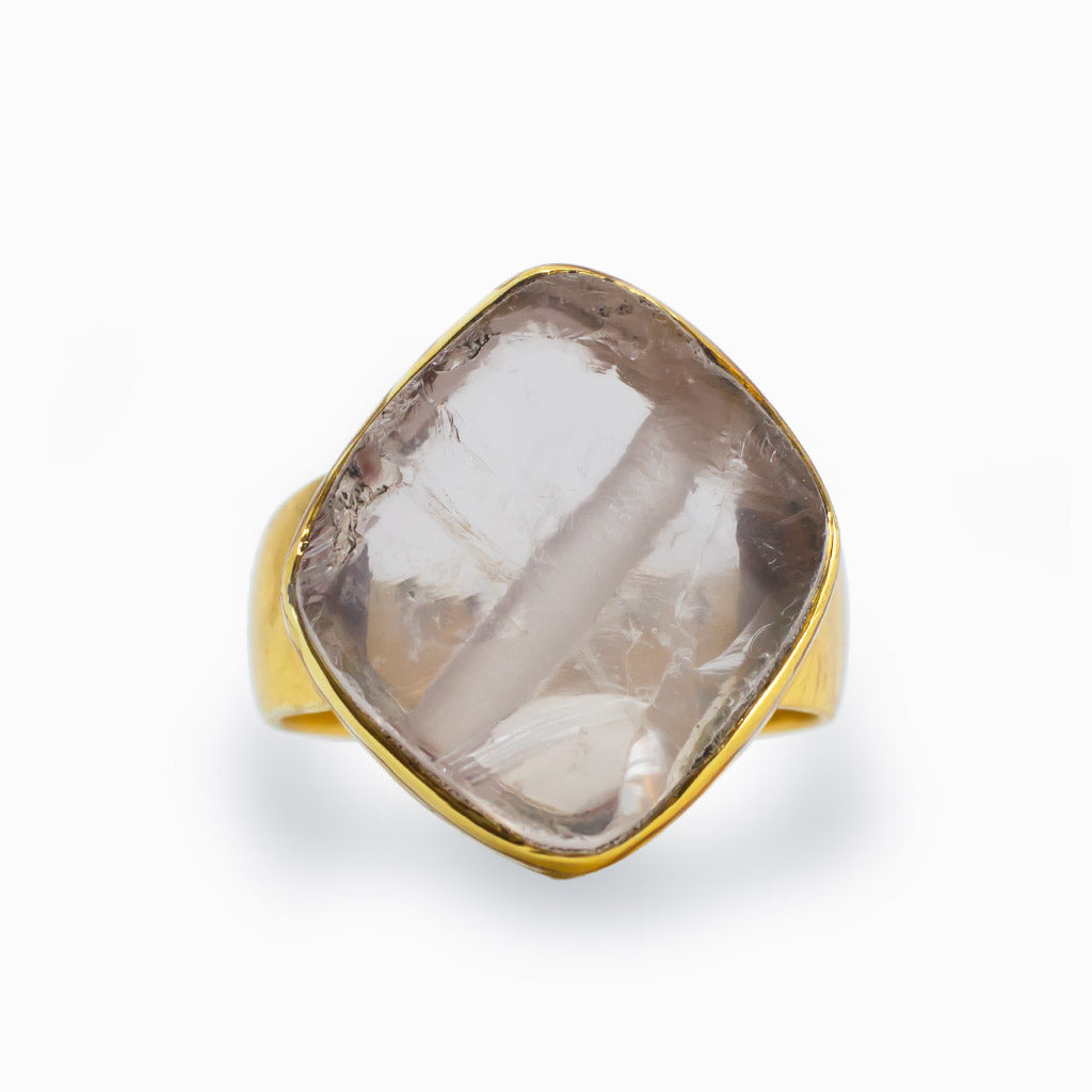 Soft Pink Raw Rose Quartz Ring in 14K Yellow Gold Vermeil Made In Earth