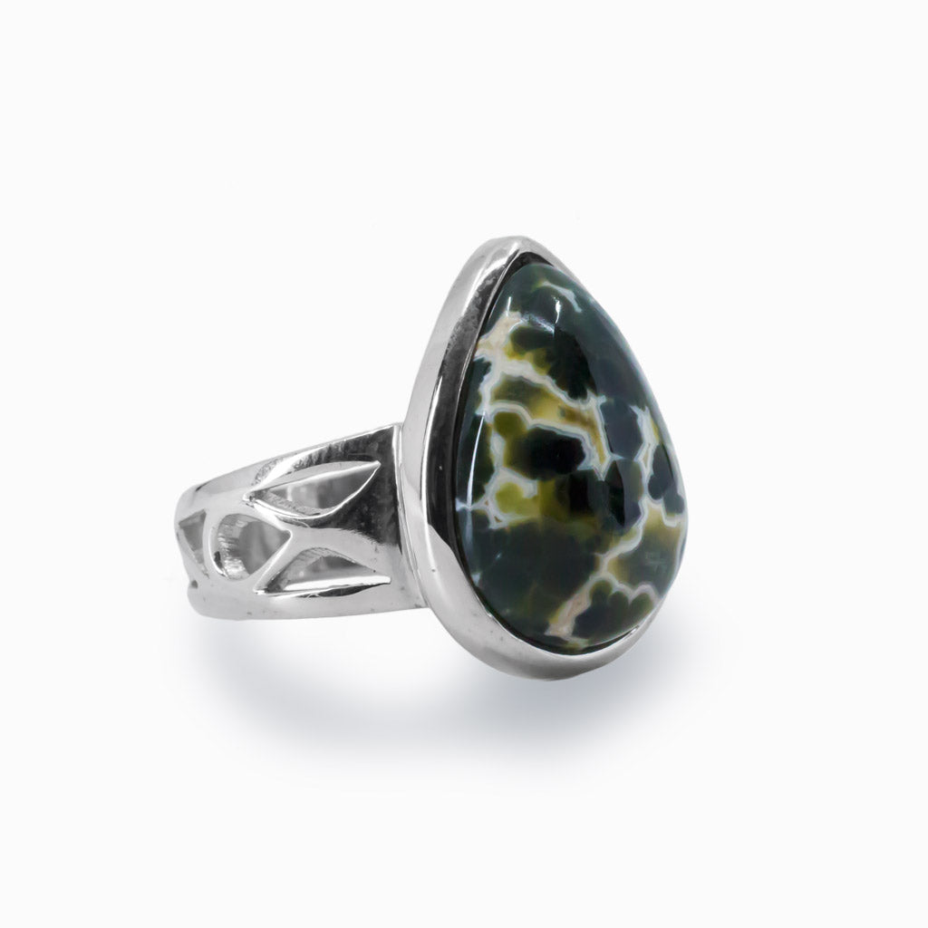 Spotted Teardrop Ocean Spray Agate Cabochon Ring in Sterling Silver Filigree