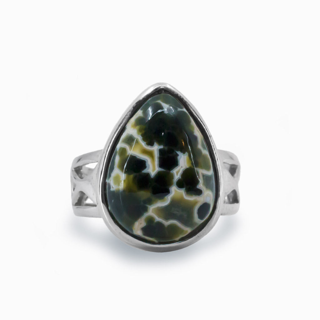 Spotted Teardrop Ocean Spray Agate Cabochon Ring in Sterling Silver Filigree