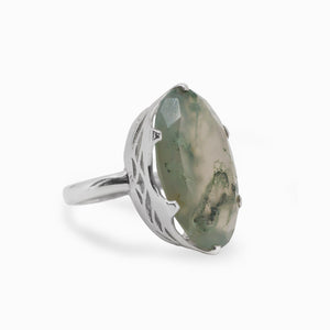 Oval Faceted Moss Agate Ring in Sterling Silver Filigree