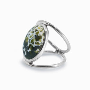 Spotted Ocean Spray Agate Cabochon Ring in silver open band