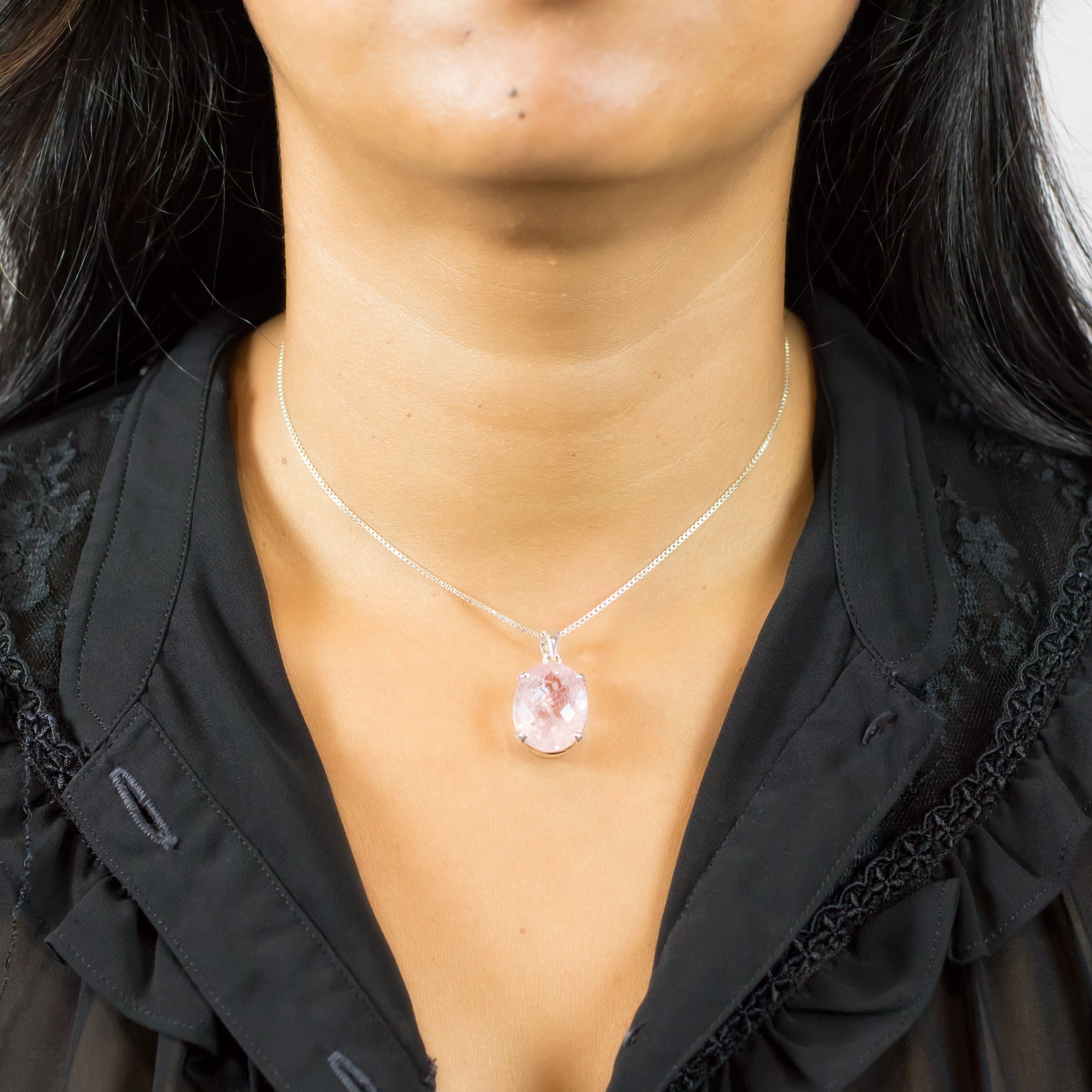 Morganite Faceted Oval Claw 20CT Pendant on Model
