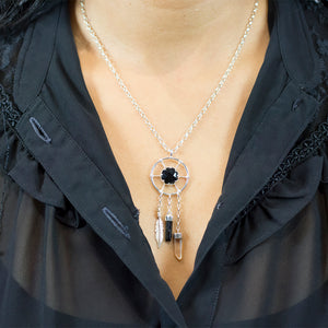 Model Wearing Black Onyx crystal, Black Tourmaline gemstone& Laser quartz crystal Dreamcatcher Necklace Made in Earth
