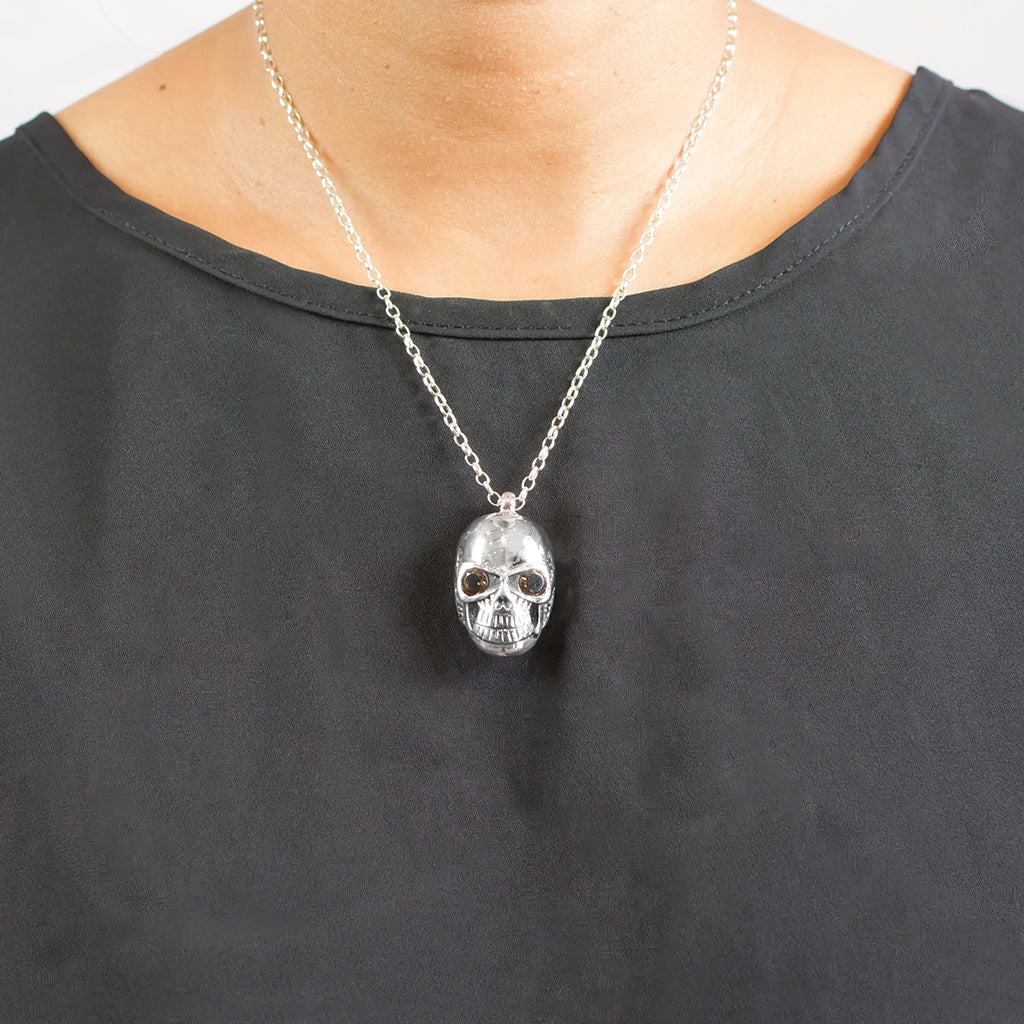 Model Wearing Smokey Quartz Skull Necklace In 925 Sterling Silver