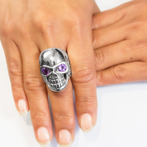Model Wearing Amethyst Skull Ring