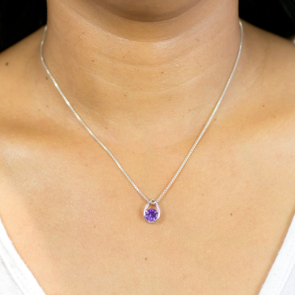 ROUND PURPLE FACETED STERLING SILVER TEAR AMETHYST NECKLACE