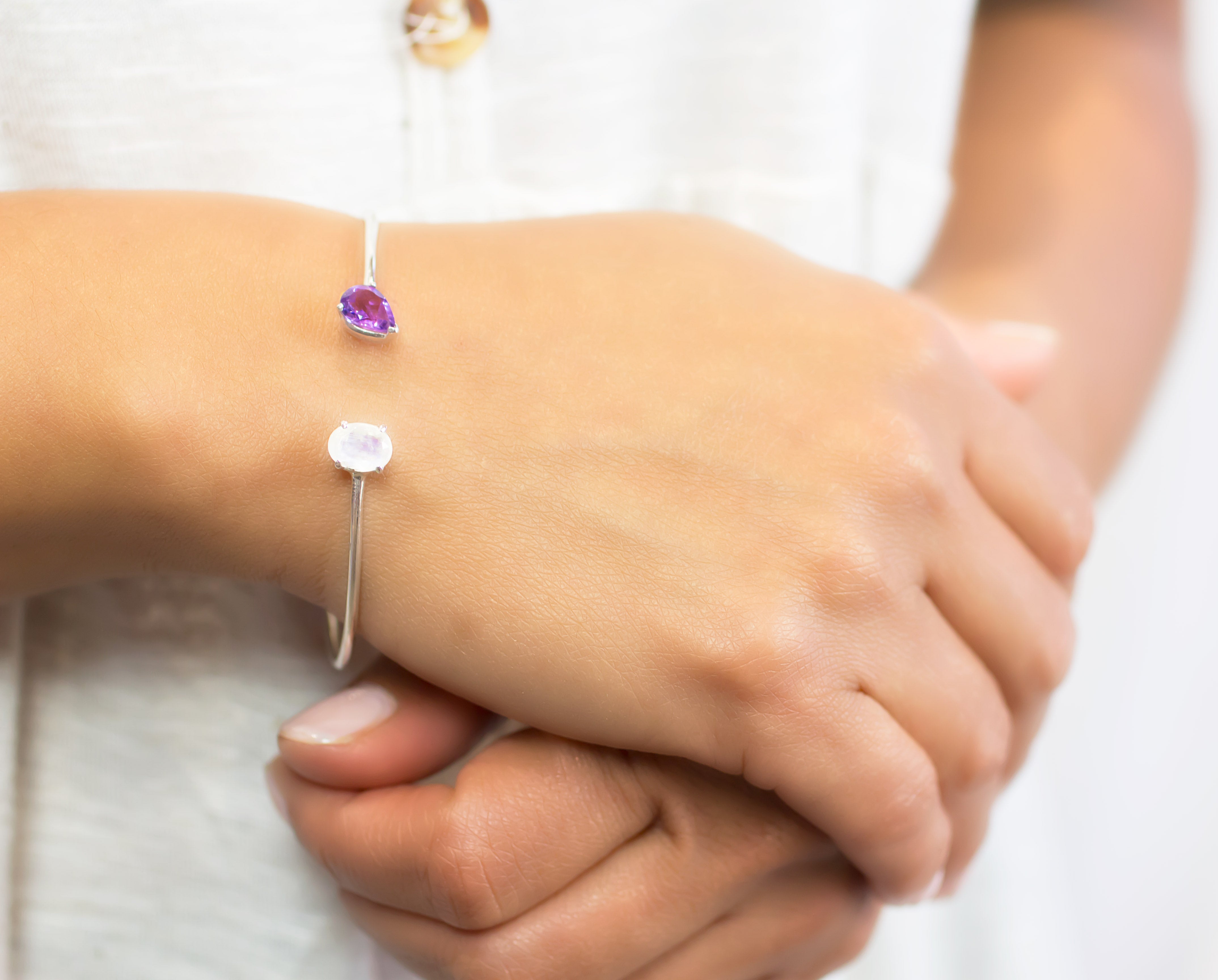 Amethyst & Rainbow Moonstone Bangle Bracelet on Model Made In Earth