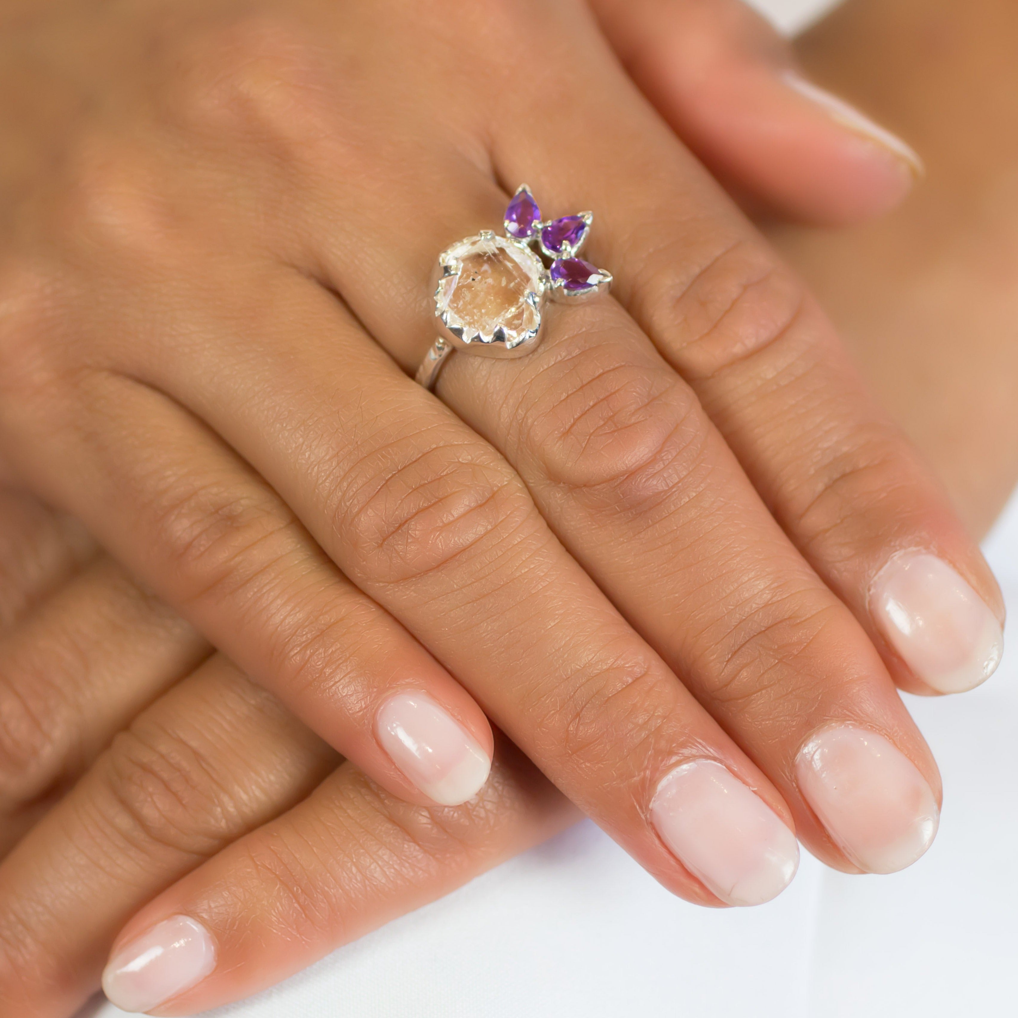 Amethyst & Herkimer Diamond Ring on Model