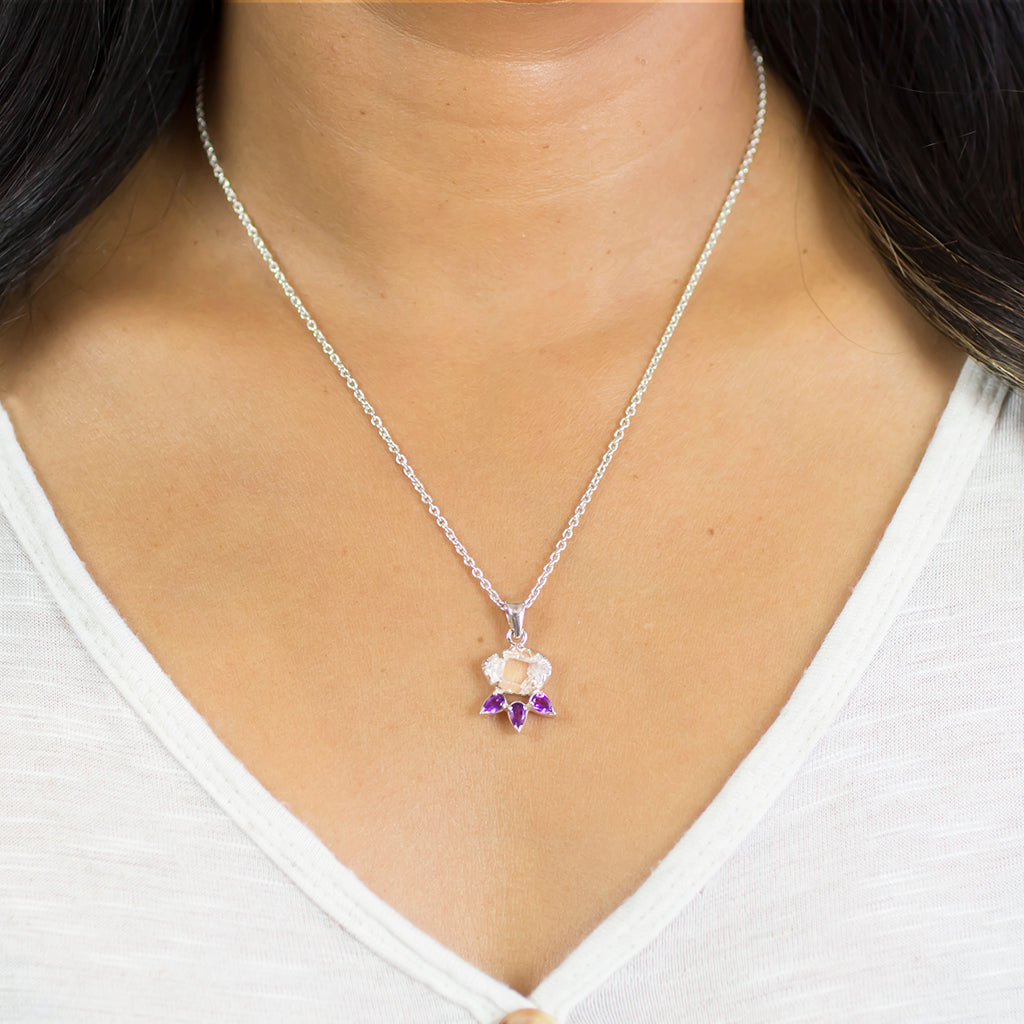 Herkimer Diamond and Amethyst Necklace on Model