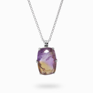 RECTANGLE PURPLE-YELLOW FACETED STERLING SILVER AMETRINE NECKLACE