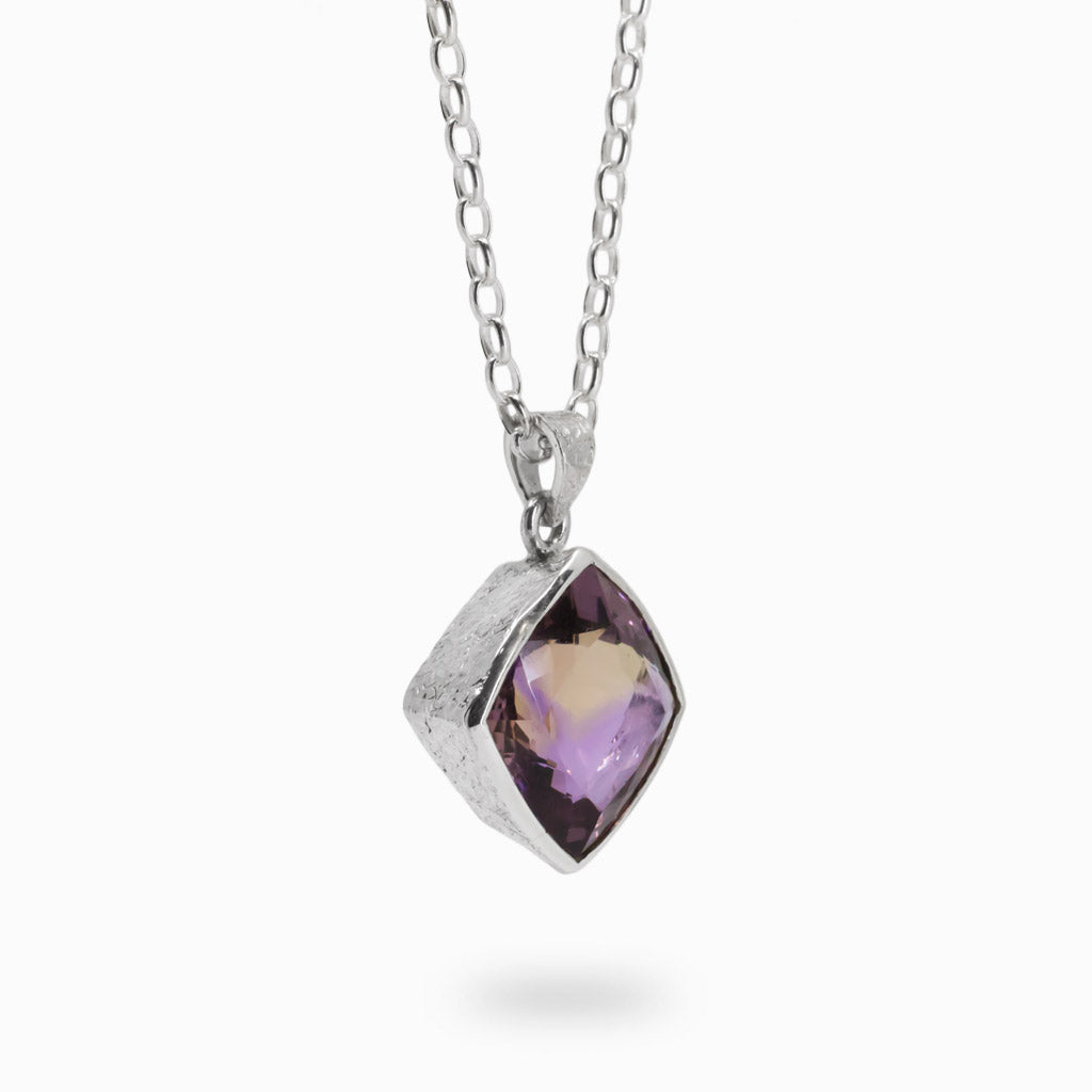 DIAMOND PURPLE-YELLOW FACETED STERLING SILVER AMETRINE NECKLACE FACING RIGHT