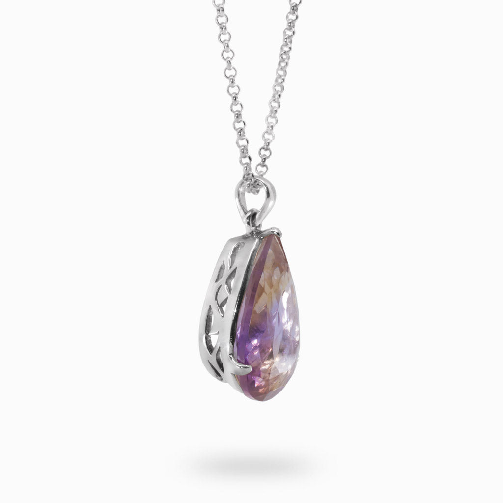 TEARDROP YELLOW-PURPLE FACETED STERLING SILVER AMETRINE NECKLACE FACING RIGHT
