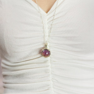 ROUND PURPLE-YELLOW CABOCHON STERLING SILVER AMETRINE NECKLACE ON MODEL