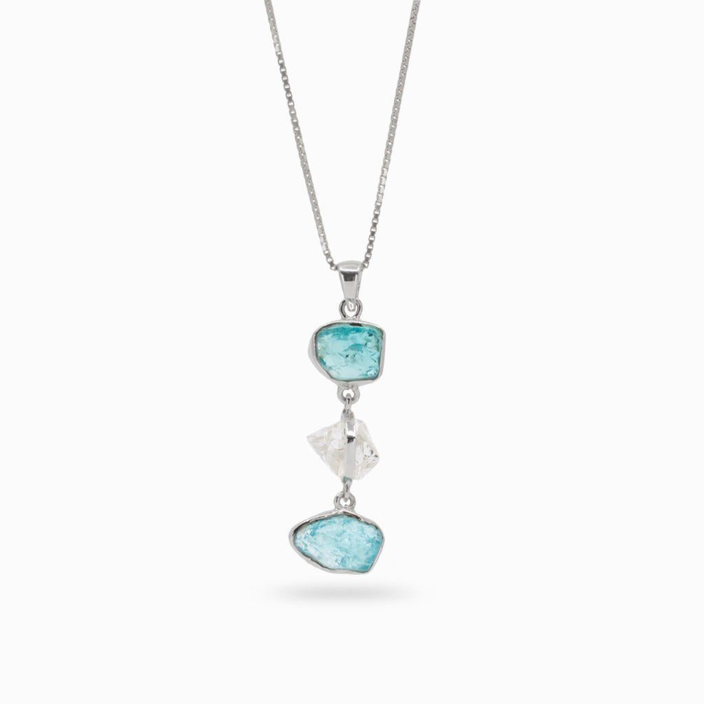 ORGANIC BLUE AND WHITE TRIPLE STONE DROP RAW STERLING SILVER APATITE AND HERKIMER DIAMOND NECKLACE