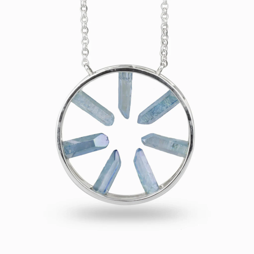 BLue Sterling Silver Wheel Aqua Aura Quartz Necklace