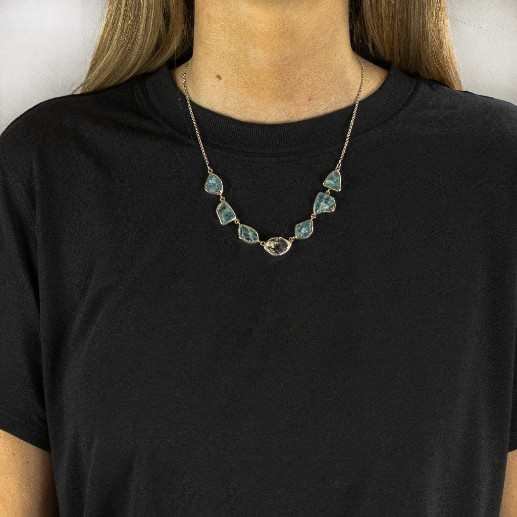 Model Wearing Ocean Blue Aquamarine Herkimer Diamond Necklace
