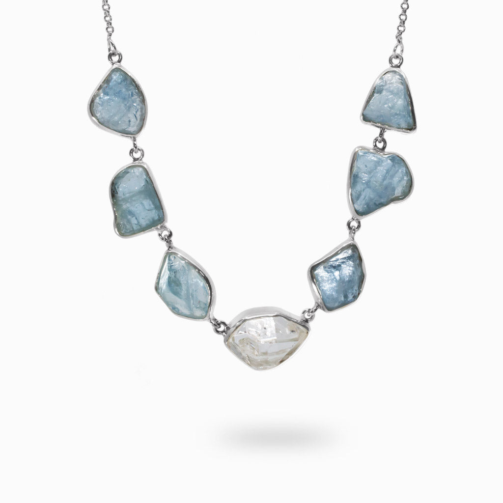 Raw Blue and Clear Aquamarine & Herkimer Diamond Necklace