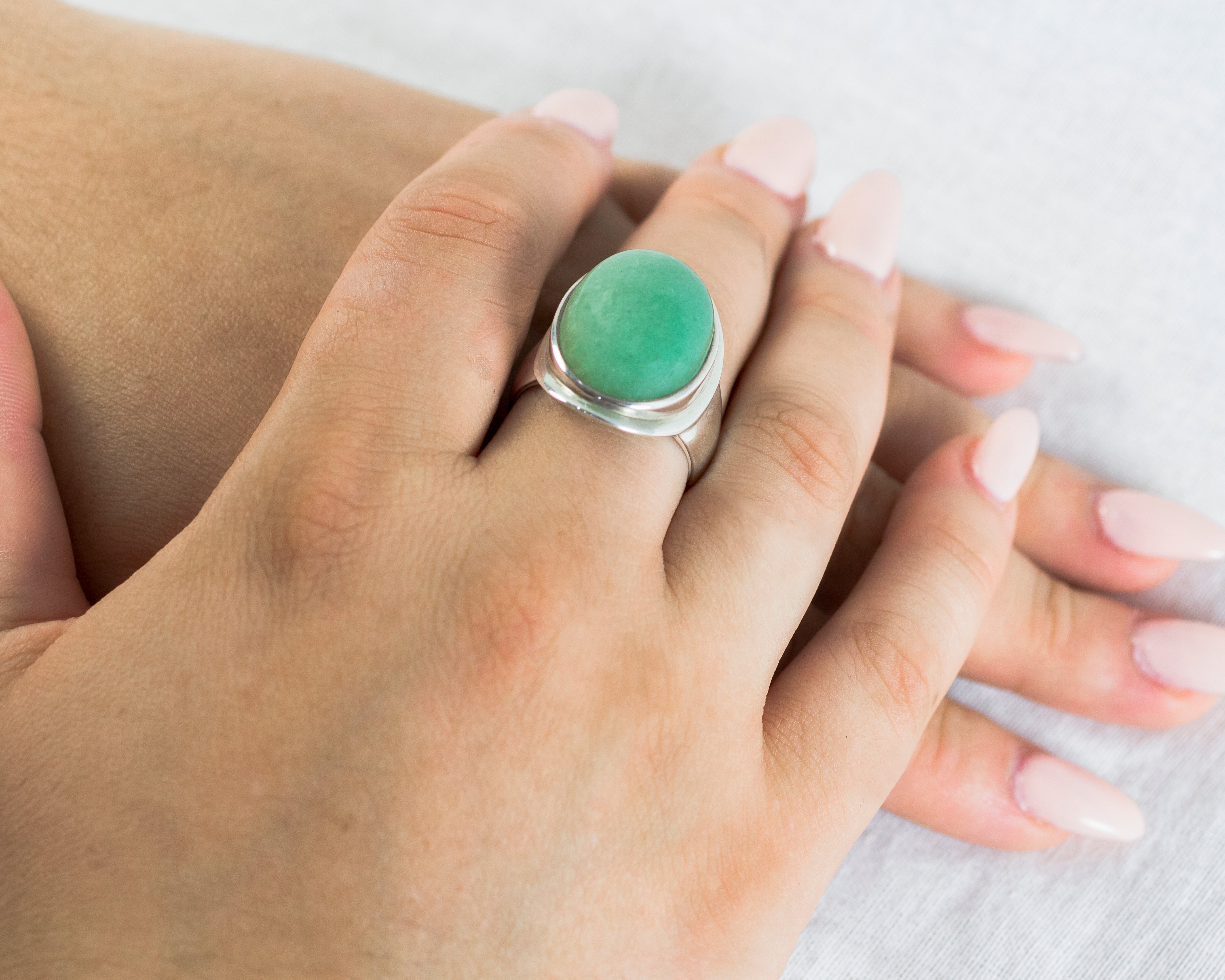 Green Aventurine Ring on Model's Hand Made in Earth