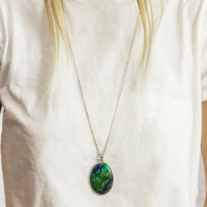 Model Wearing Blue-Green Oval Cabochon Azurite Malachite Necklace