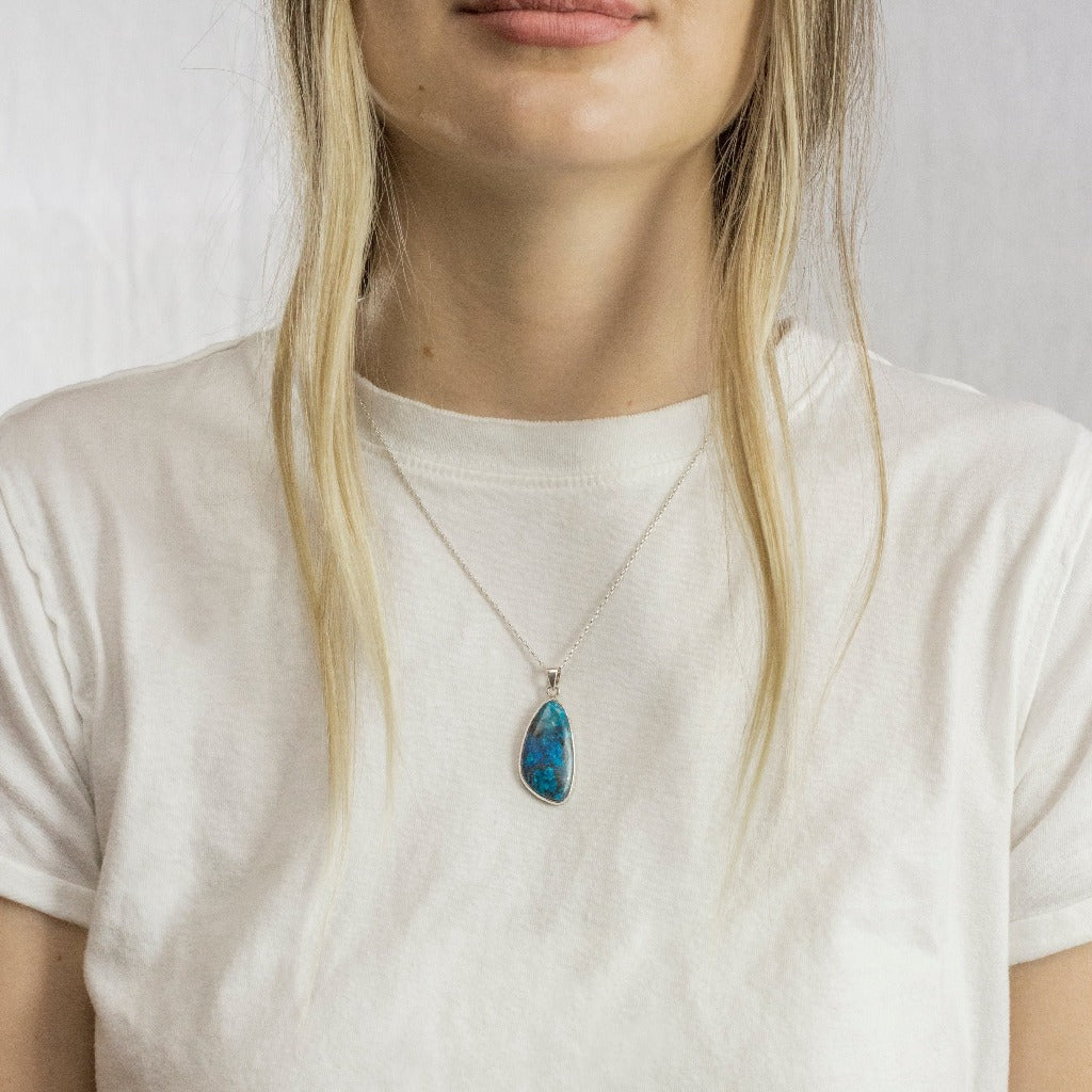 Blue Azurite Organic Cabochon Necklace On Model