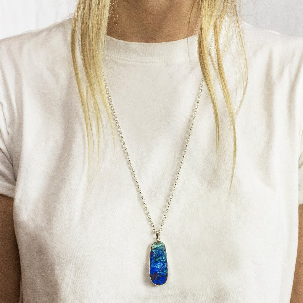 Blue Azurite Turquoise Raw Organic Necklace on model